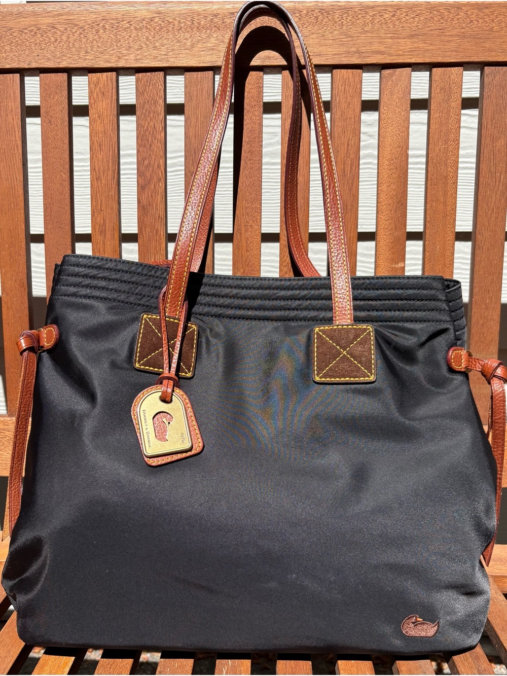 REDUCED!Dooney & Bourke Nylon Tote Black Brown Leather Pink Lining Side Cinch